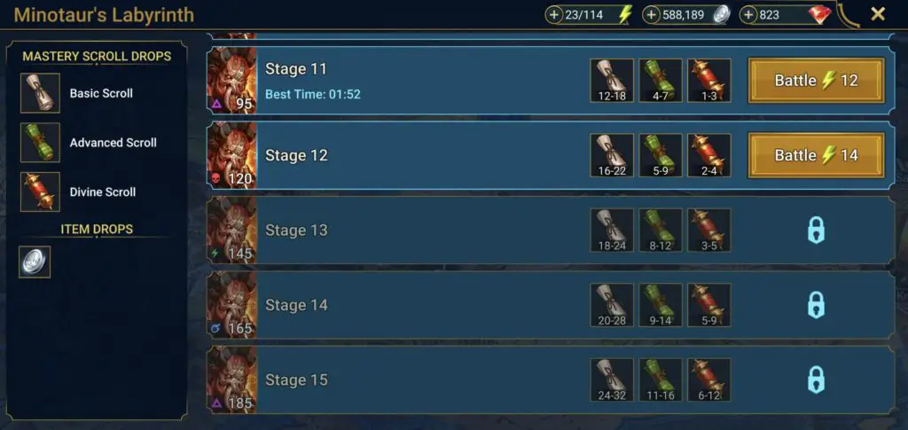 RAID Shadow Legends Minotaur levels 11 to 15: shows that possible scroll rewards are very low, even at max level