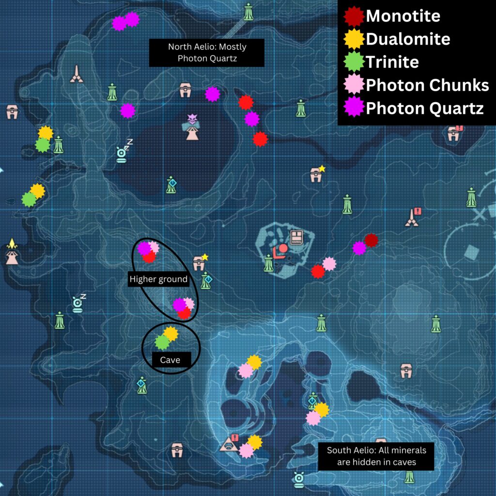 Aelio Region map with minerals locations, PSO2:NGS