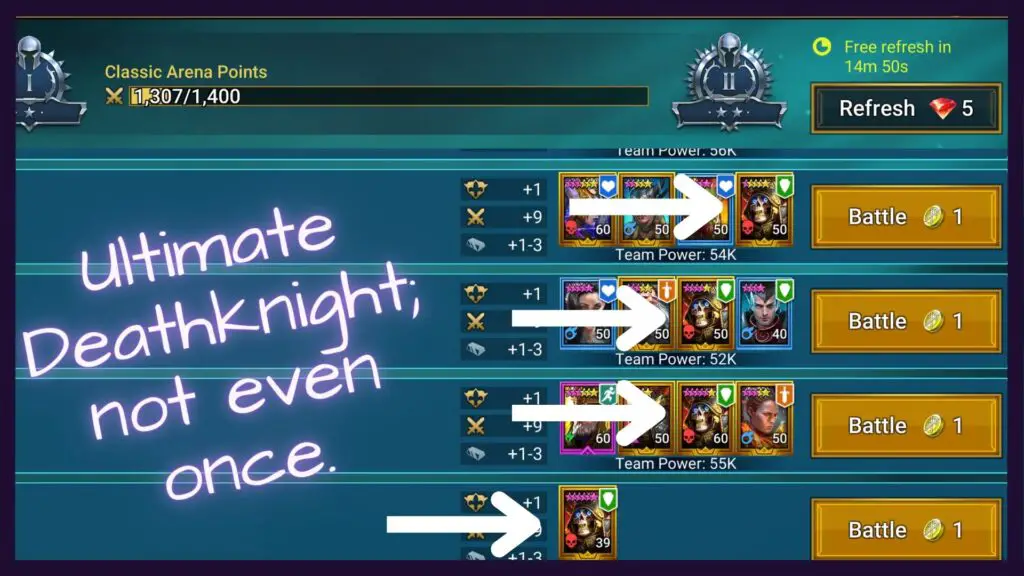 RAID: Shadow Legends Screenshot showing an Arena team refresh full of Ultimate Deathknights